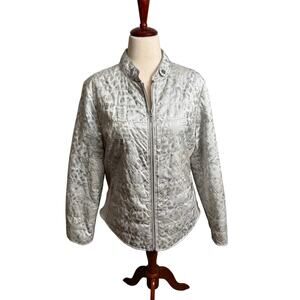 Chico's puffer jacket gray metallic animal print lightweight lined  Sz 3 US XL